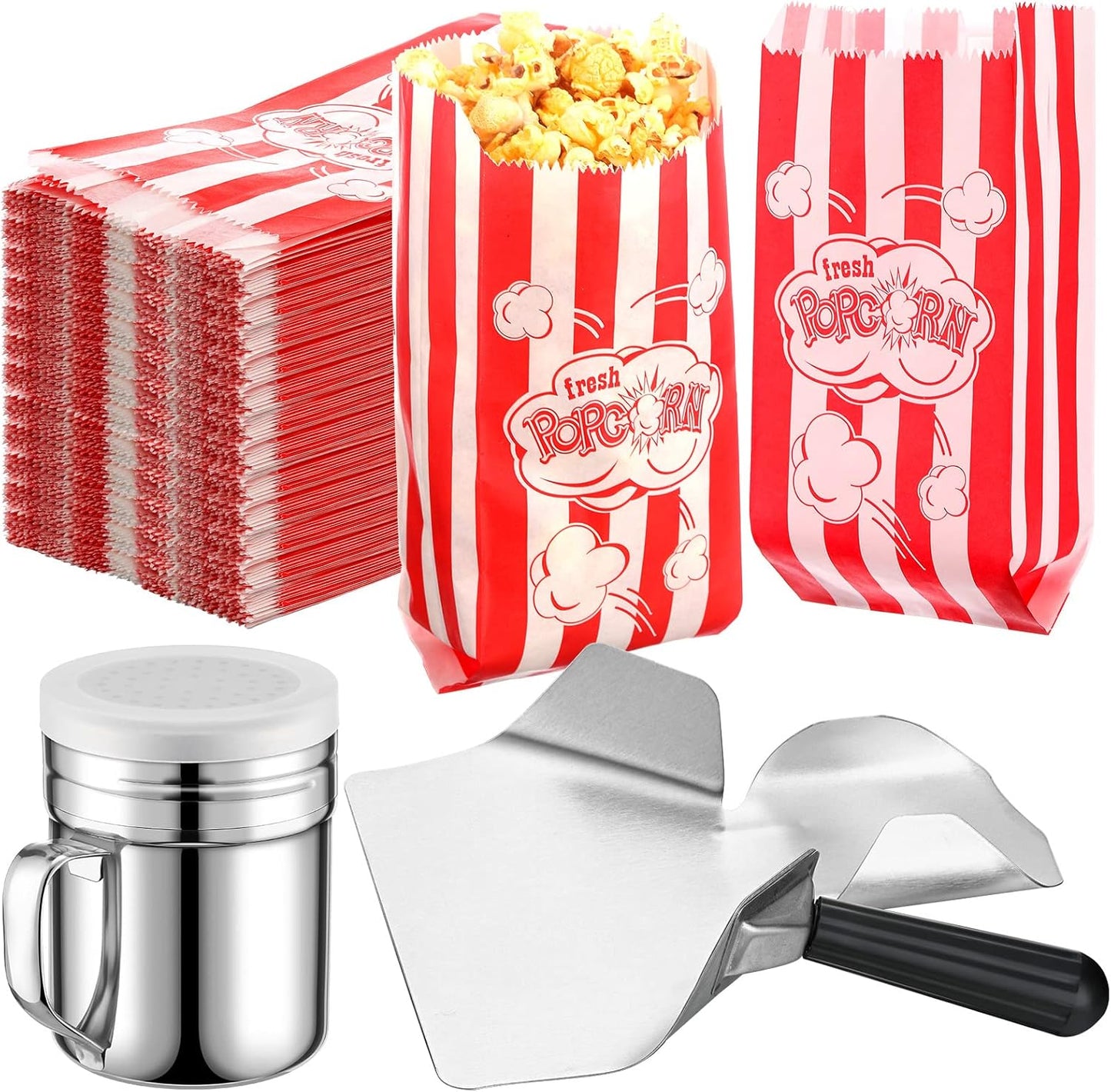502 Pieces Popcorn Machine Supplies Set Includes 500 Pcs 1oz Red and White Popcorn Bags Bundle Scoop and Stainless Steel Seasoning Dredge with Handle and Lid Season Salt Shaker(Burst)