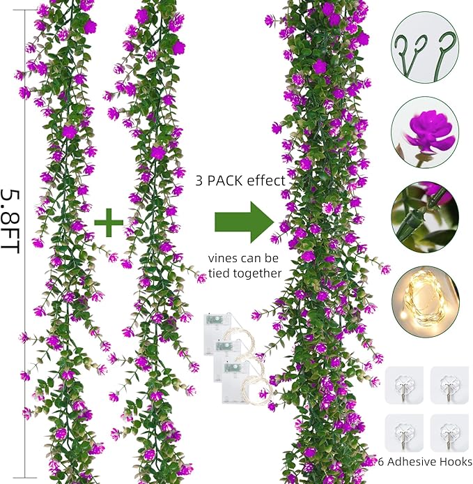 RECUTMS Artificial Garland Greenery Hanging Spring Lighted Garland Artificial Vine Plants Spring Eucalyptus Vine with Lights for Indoor Outdoor Home Wedding Mantel Party Kitchen Decor(Fuchsia)