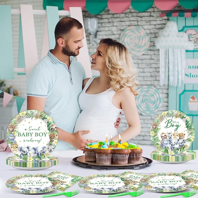 96Pcs Safari Jungle Baby Shower Party Supplies Green Wild Animals Baby Boy Paper Plates Napkins Baby Shower Party Decorations Safari Jungle Dinnerware Party Favor Wild One Tableware Serves 24