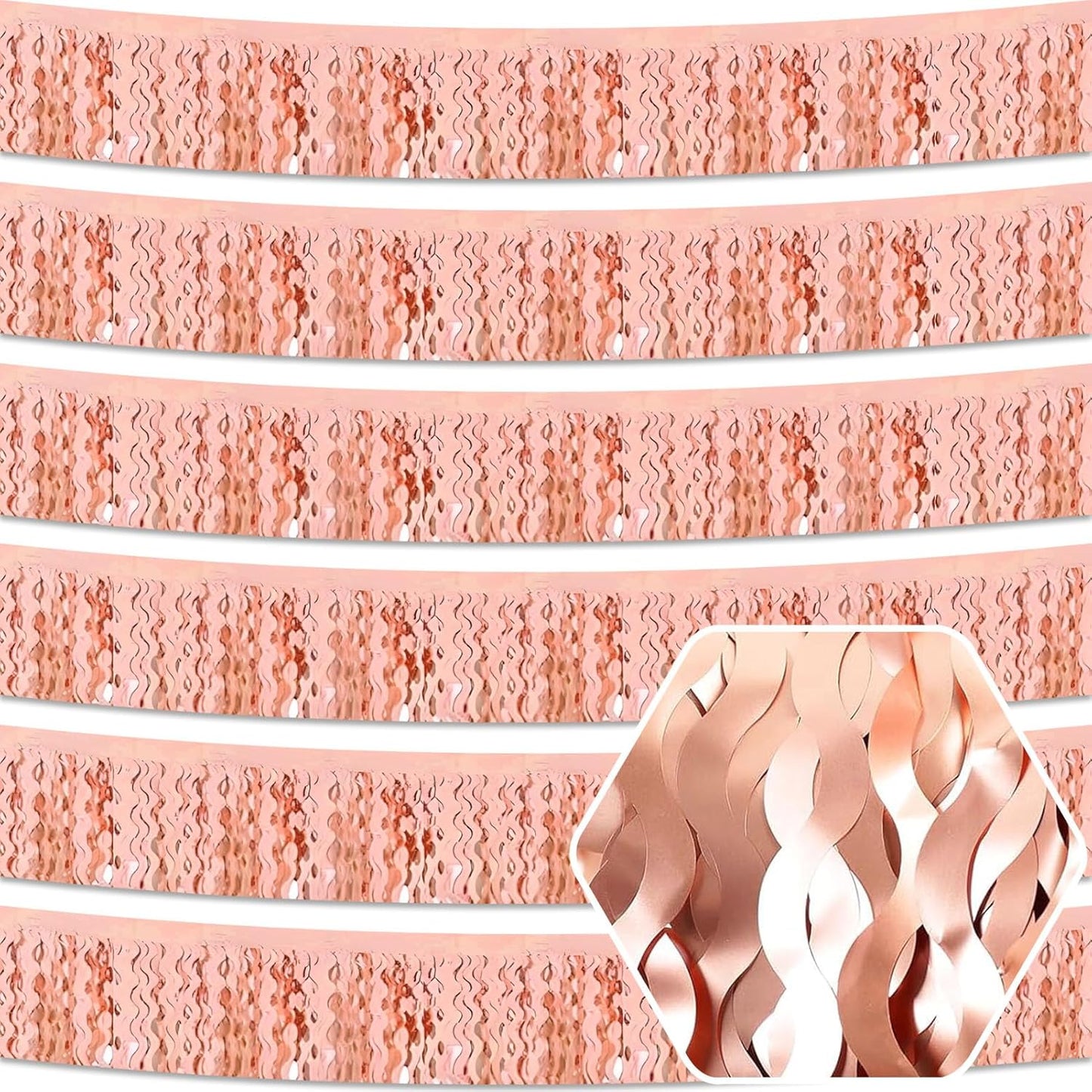 6 Pack 10 Feet Rose Gold Wave Foil Fringe Garland Metallic Tinsel Streamers Banner Wall Hanging Curtain Backdrop for Parade Floats, Mother's Day, Easter, Wedding, Birthday Party Decoration