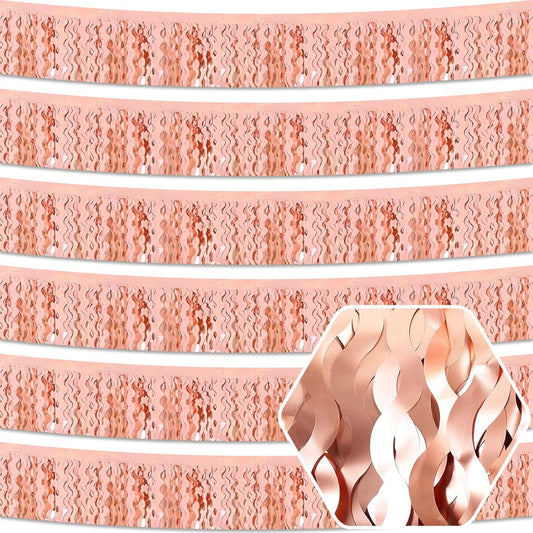 6 Pack 10 Feet Rose Gold Wave Foil Fringe Garland Metallic Tinsel Streamers Banner Wall Hanging Curtain Backdrop for Parade Floats, Mother's Day, Easter, Wedding, Birthday Party Decoration