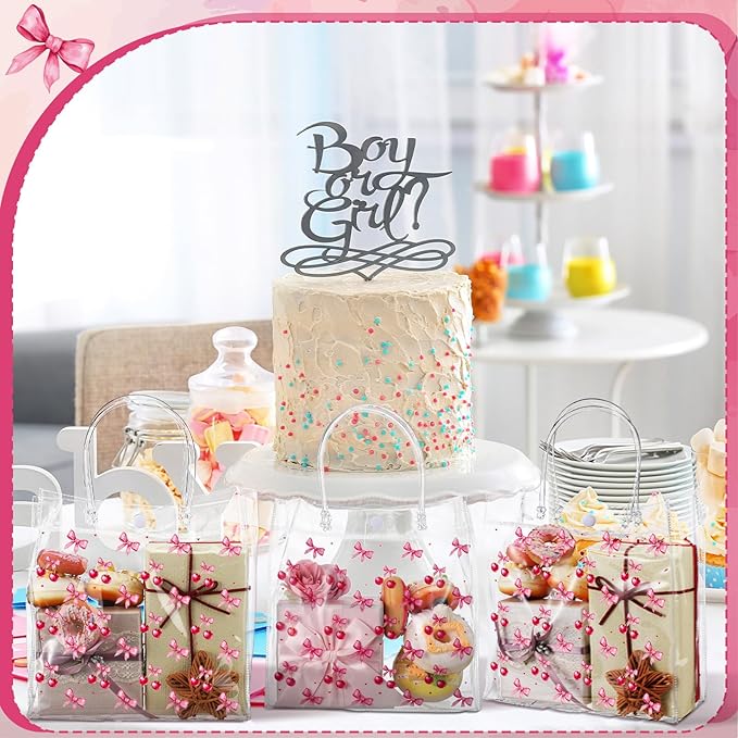 Tioncy 24 Pcs Cherry Party Favor Bags Pink Bow Red Cherries Clear PVC Gift Bags with Handles Candy Treat Basket for Little Cutie Baby Shower Decorations Wedding Birthday Summer Party Supplies