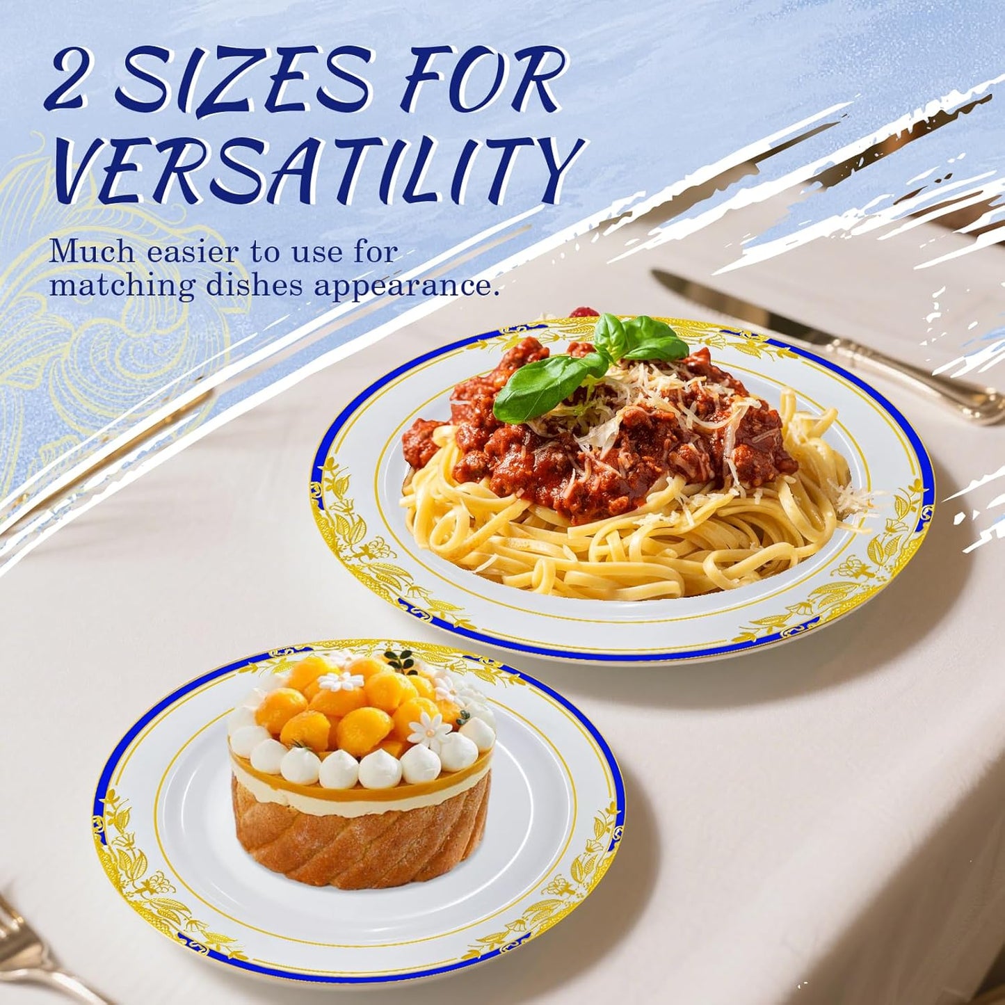 MENDENG 50Pcs Disposable Plastic Plates for Party, 25x7.5Inch & 25x10.25Inch Elegant Fancy Plastic Wedding Plates Disposable, Heavy Duty Dessert Party Dinner Plates