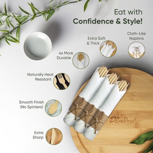 Premium Pre Rolled Napkin and Bamboo Cutlery Set (10 Pack, 40 PCS) 100% Biodegradable, Eco-Friendly, Disposable Wrapped Cutlery - Pre-Wrapped Bamboo Forks, Knives, Spoons, Napkins, Brown Roll