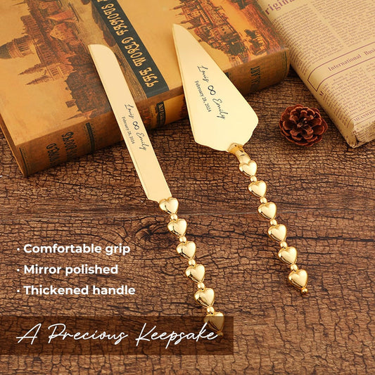 Personalized Wedding Cake Knife and Server Set Engraved Gold Cake Cutter Server Forks Custom Cake Cutting Set for Wedding Anniversary Engagement Birthday Gifts