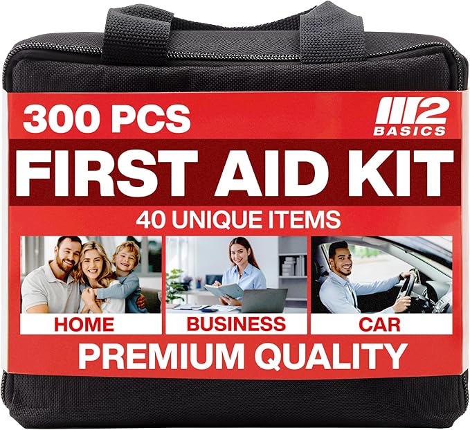 M2 BASICS Premium First Aid Kit, 300 Pieces, 40 Unique Items – First Aid Kit for Home, Car, Vehicles, Business, Travel, Outdoors, Camping, Travel Sports – Durable Bag, Emergency Medical Supplies
