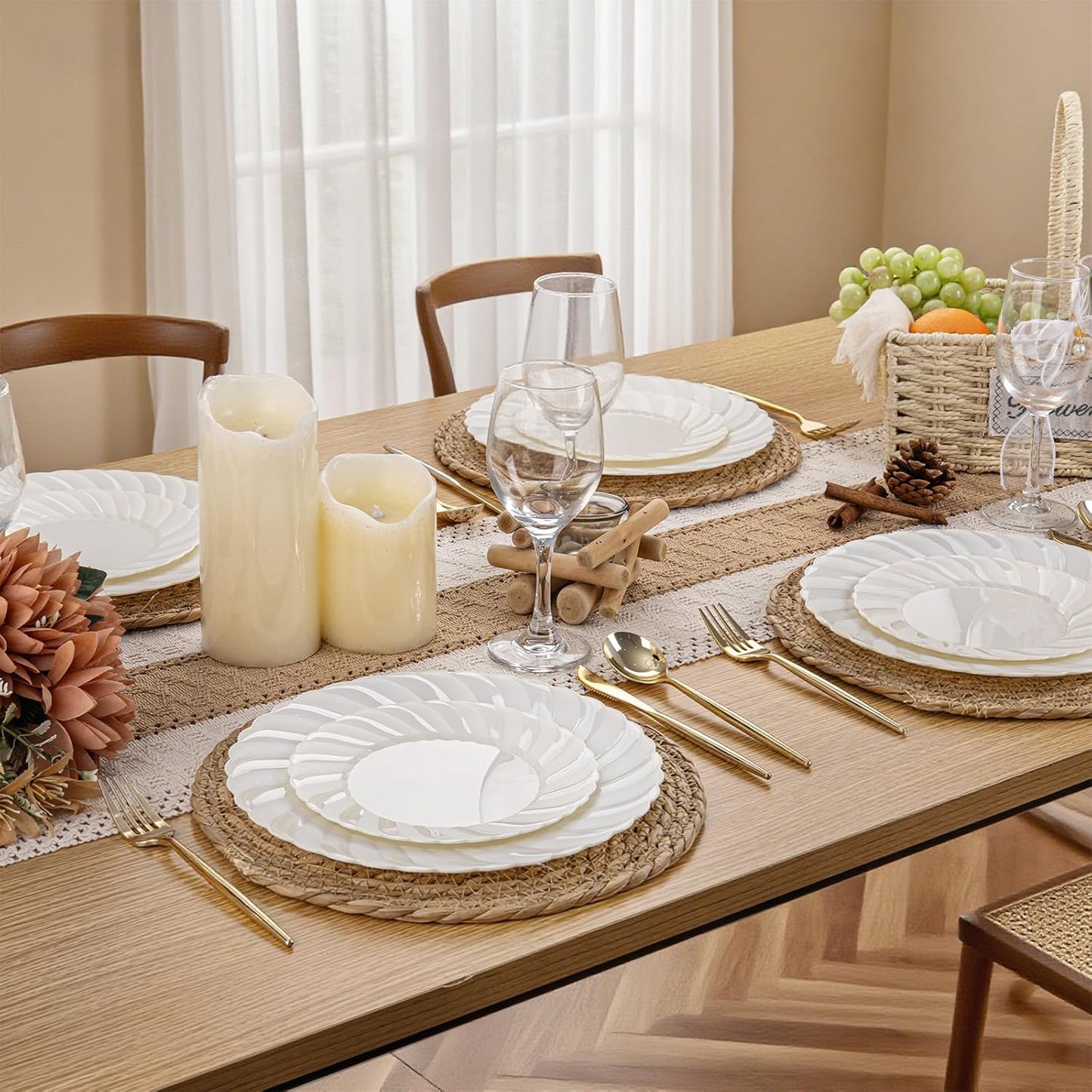 U-QE 60 Pcs Thanksgiving Plates Disposable – Ivory Scalloped Plastic Plates Heavy Duty & Elegant – Include 30 10.25" Dinner & 30 7.25" Dessert Plate for Party, Friendsgiving & Fall