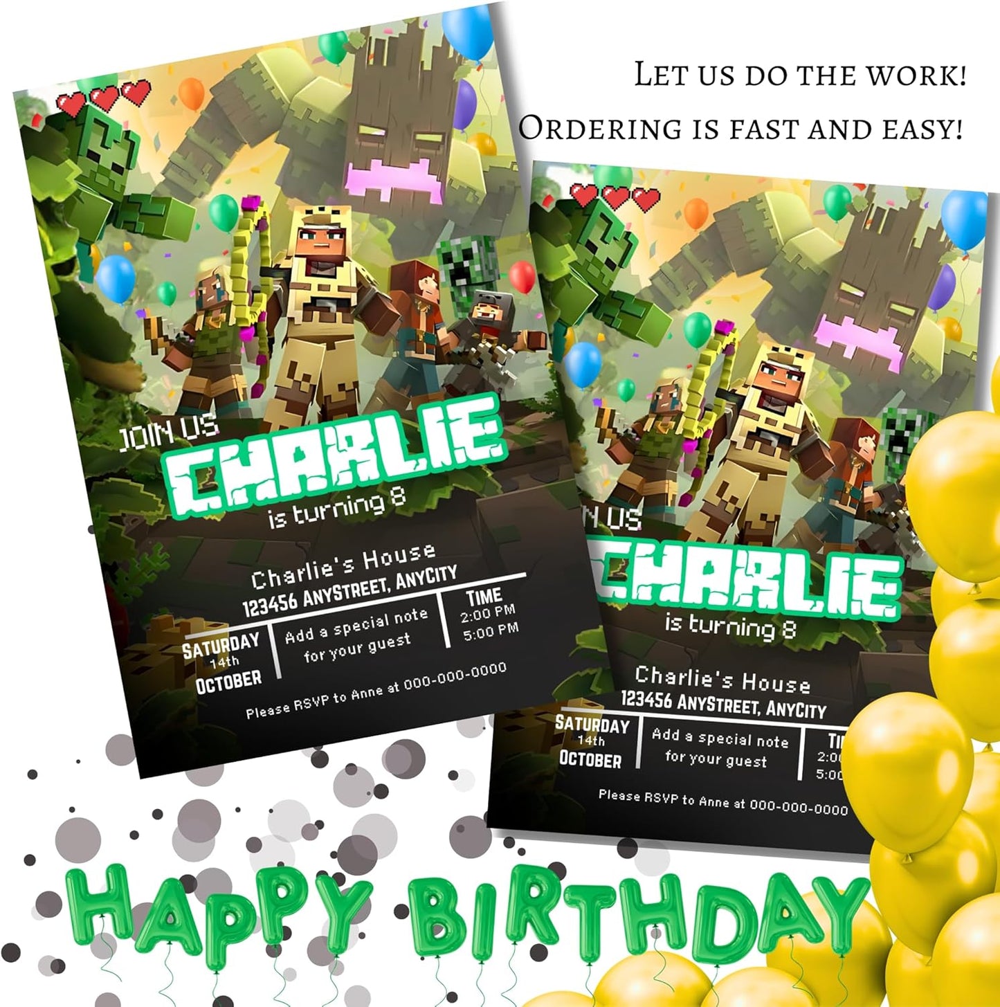 Fully Customizable minecraft Birthday Party Invitations, 4 x 6 inches, with Self-Sealing Envelopes, Gaming Theme Design, minecraft Birthday Invitations for Boys and Girls (Minecraft/Jungle)