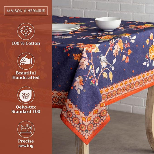 Maison d' Hermine Table Cloth Rectangle Table 100% Cotton 70 x 90 Inches Fall Tablecloth Reusable Everyday Use for Thanksgiving Christmas Decorations Dining Farmhouse Party (Kelim - Infinity)