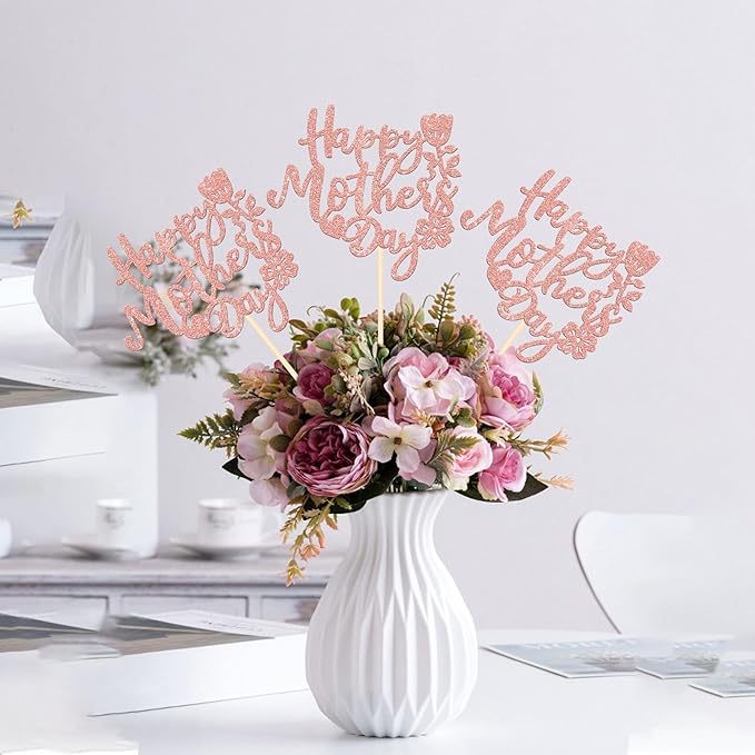 12 PCS Happy Mother's Day Centerpiece Sticks Double Sided Glitter Rose Love Best Mom Centerpieces for Happy Mother's Day Theme Table Flower Decorations Women Birthday Party Supplies Rose Gold