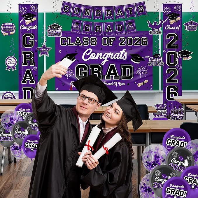 Graduation Decorations Class of 2026 Purple Graduation Party Decor Set include Congrats Grad Banner Backdrop Class of 2026 Balloons Party Supplies
