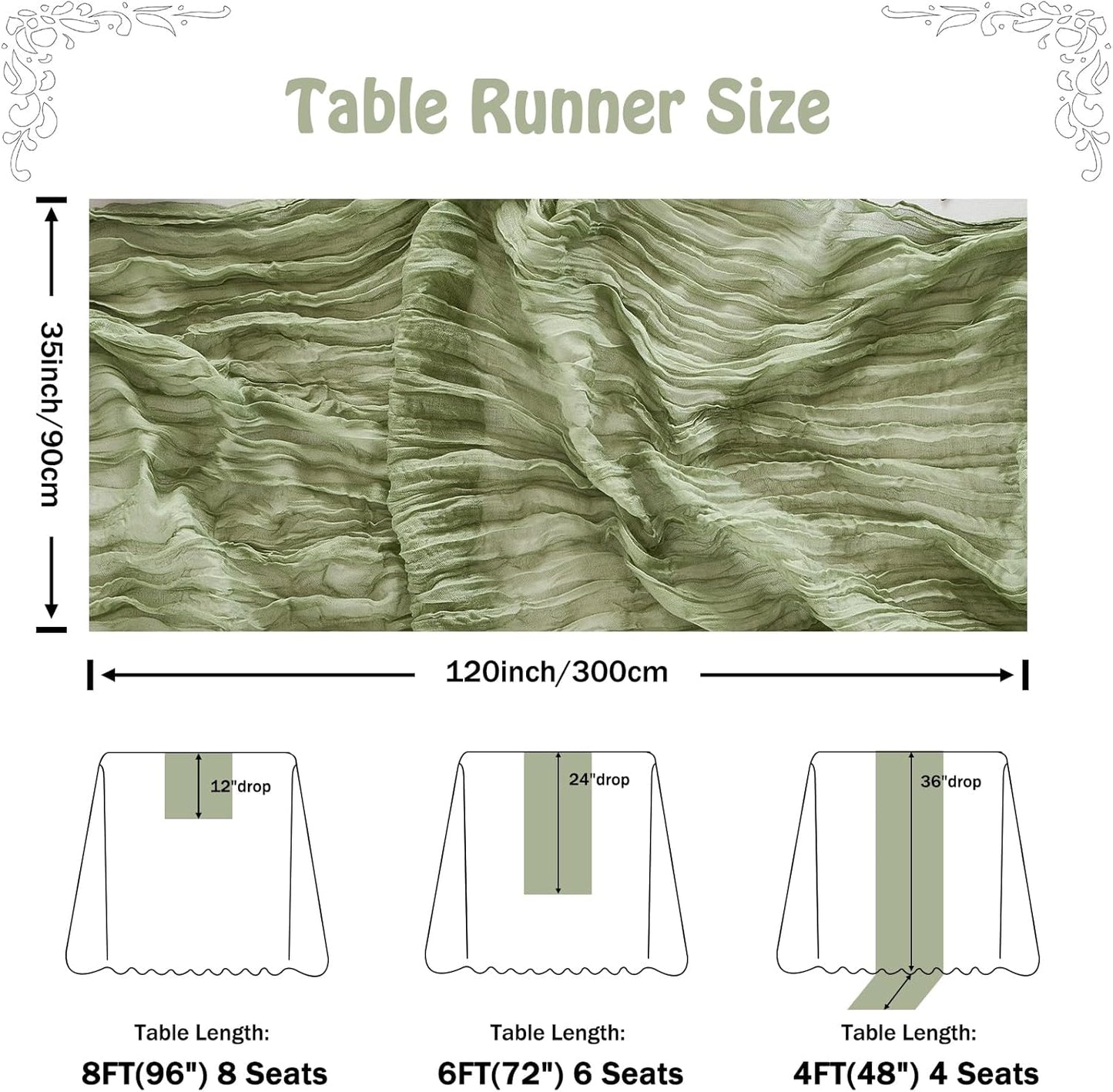 Fanami 3 Pack Cheesecloth Table Runner -10FT Sage Green Boho Gauze Cheese Cloth Table Runner 120 Inches Long Rustic Sheer Fabric Centerpieces for Wedding Birthday Party Bridal Baby Shower Decorations