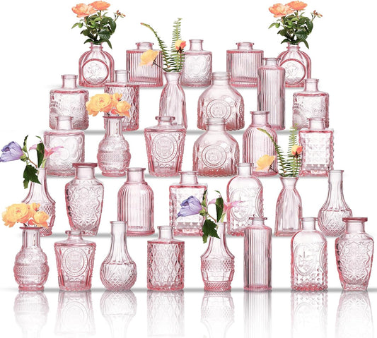 Glass Bud Vases Set of 32 - Pink Assorted Small Mini Glass Vases for Flowers, Crystal Vintage Vase Set, Bulk Centerpieces for Table Décor, Wedding, Home and Events (Pink, 32 Pcs)