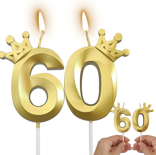 The Number 60 Gold Birthday Candles for Cake is Beautiful Number Candles for 60th Birthday Decorations for Man and Women(Gold-60, Crown)