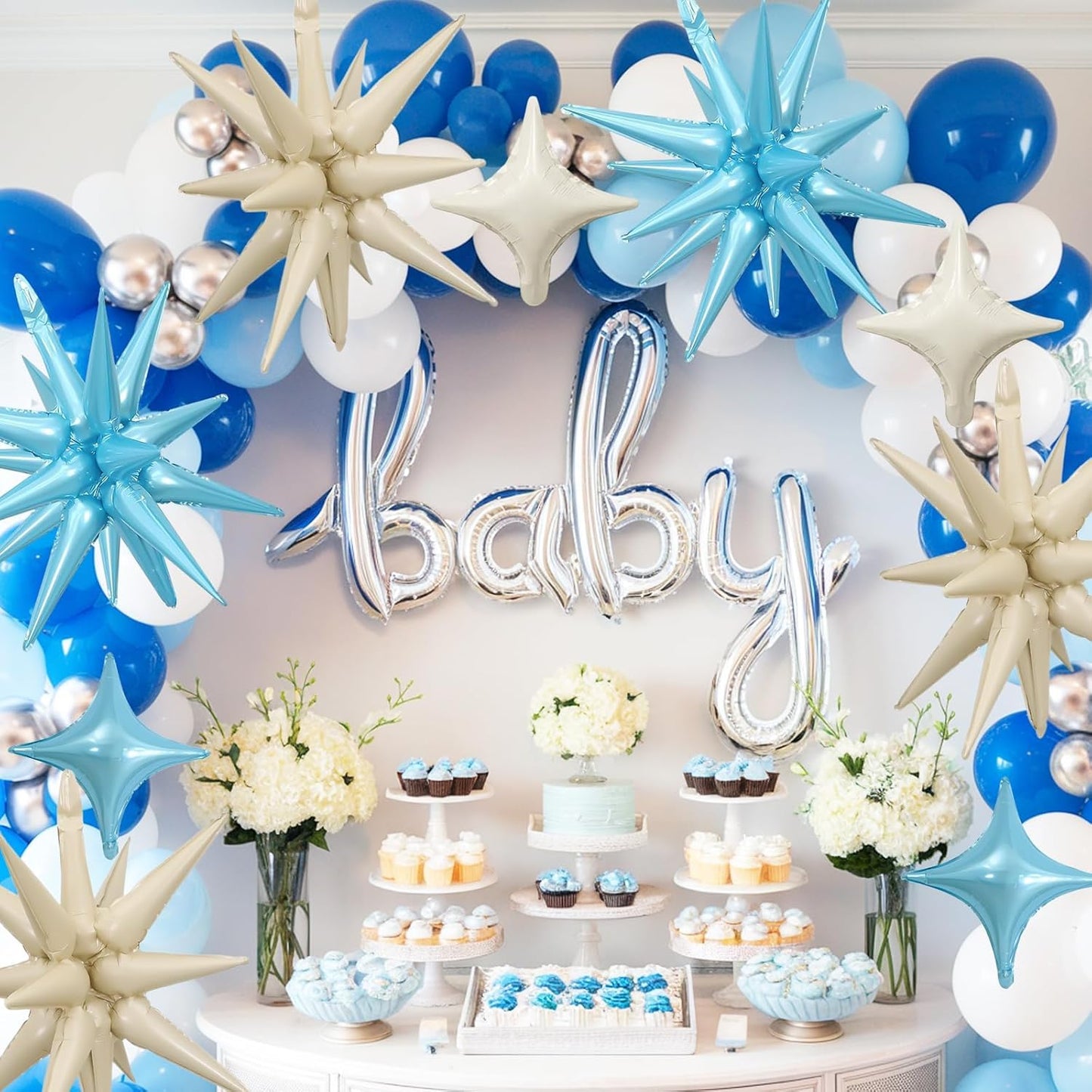 Blue White Star Balloon,Sand White Blue 6Pcs 22Inch Explosion Star Balloons and 10Pcs 10Inch Four Angle Balloons Kit for Birthday Anniversary Baby Shower Wedding Party Decorations