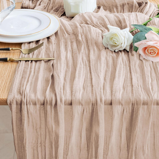 Wokceer Cheesecloth Table Runner Nude Pink 10FT Boho Gauze Cheese Cloth Table Runner for Party Long Rustic Sheer Table Runners for Baby Bridal Shower Wedding Easter Table Decor