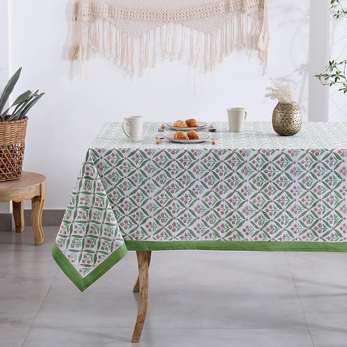 Labhanshi Indian Handblock Print Floral Cotton Table Cloth|Rectangle 60x90 Inch 6-Seater Kitchen Dining Table Cloth|Thanksgiving Wedding Festive Holiday Picnic Party Decorative Table Cover|Green Pink