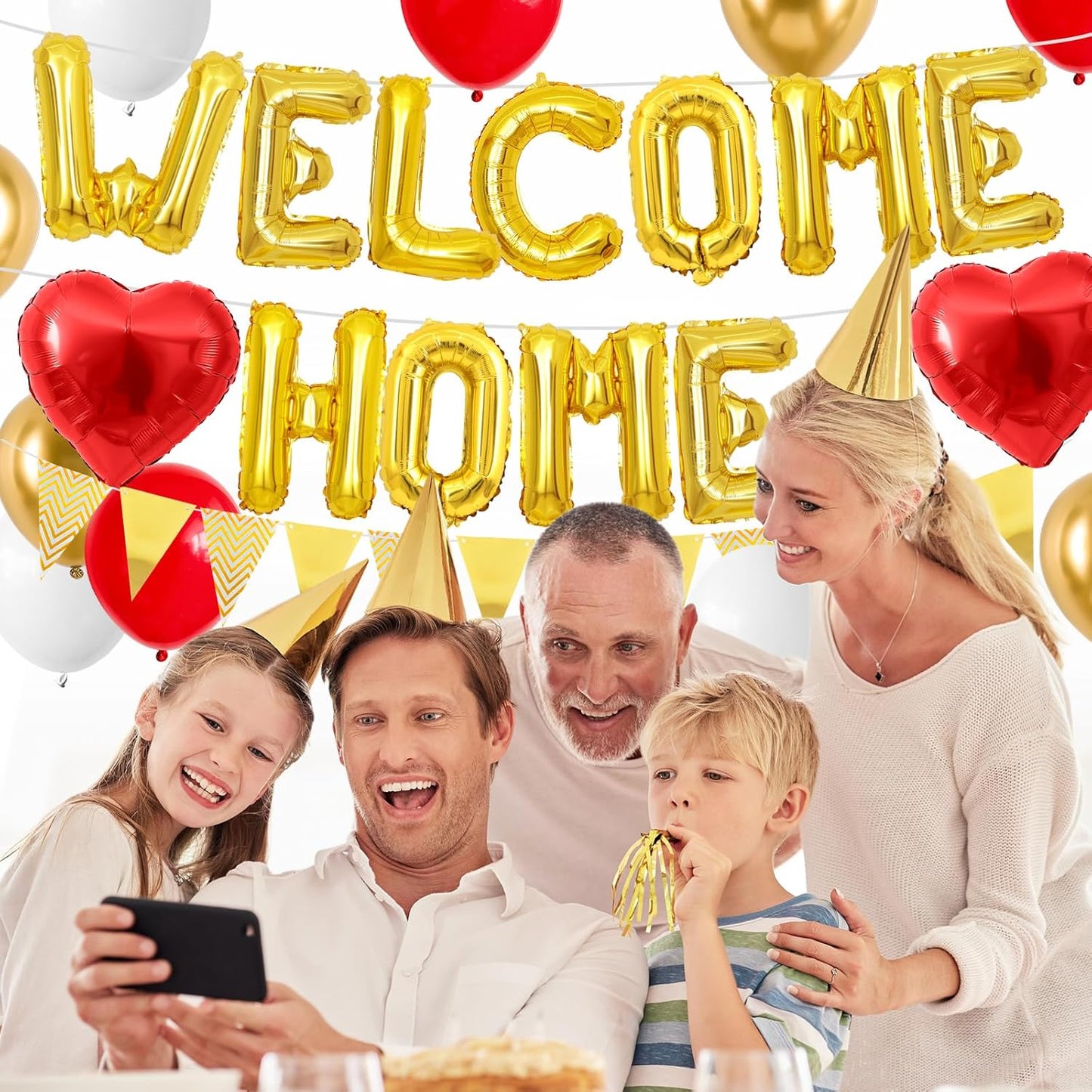 Welcome Home Decorations Red Gold,Welcome Home Foil Balloon Banner with Red Heart Balloons Pennant Flag Bunting for Housewarming Baby Shower Home Family Party Supplies