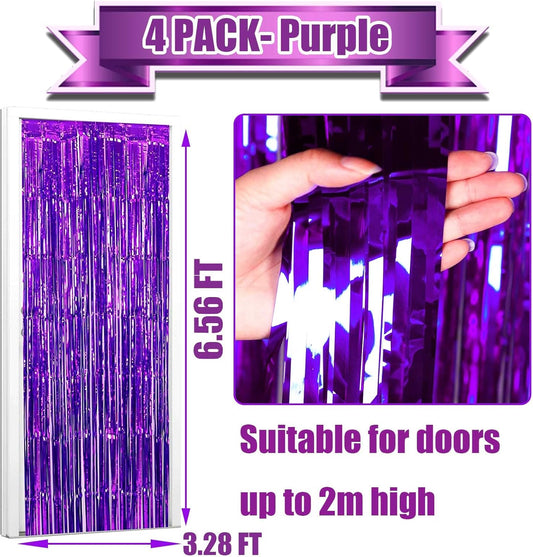 4 Pack Purple Foil Fringe Curtain Backdrop, 3.28Ft x 6.56Ft Metallic Tinsel Streamers Curtains for Party, Photo Booth Props, Birthday, 2022 Graduation Decoration Supplies