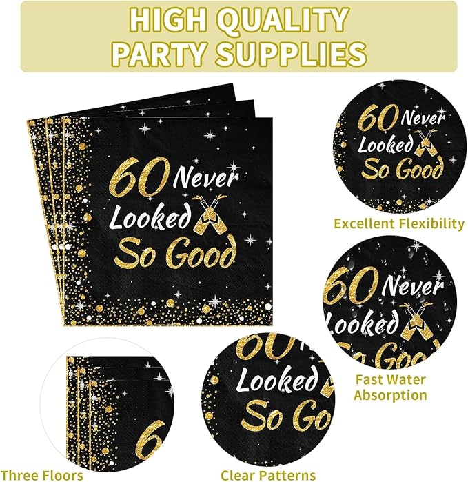 Grencian 96Pcs 60th Birthday Party Decorations Vintage 1965 Birthday Plates and Napkins Black and Gold Tabeware Sets Cheers to 60 Years Decorations for Mens Womens 60 Year Old Party Supplies Serves 24