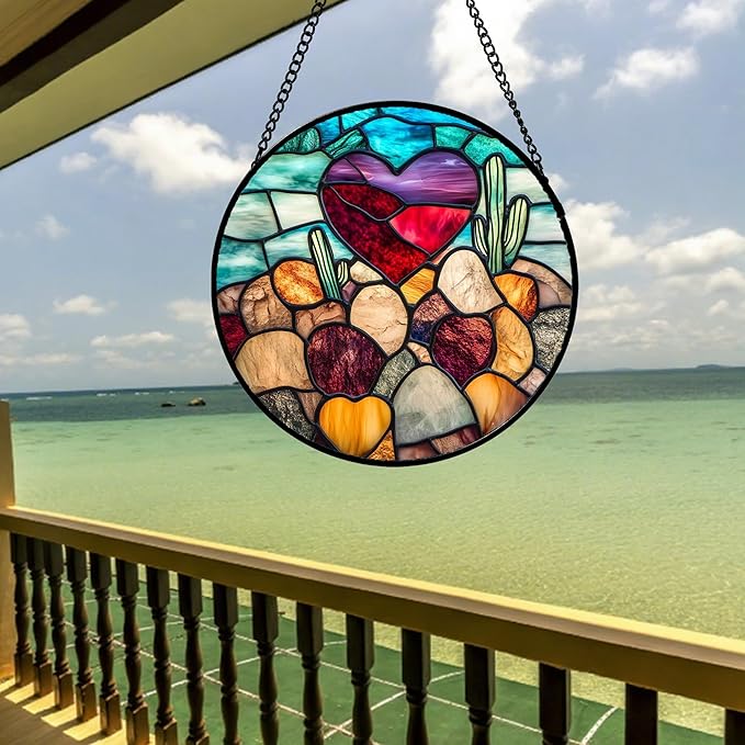 Stained Glass Window Hanging Red Heart-Shaped Stone 9.8" - Suncatcher Door Garden Sun Catcher Home Decor Birthday Anniversary Valentines Day Gifts for Woman Wife Men Her Him Lovers