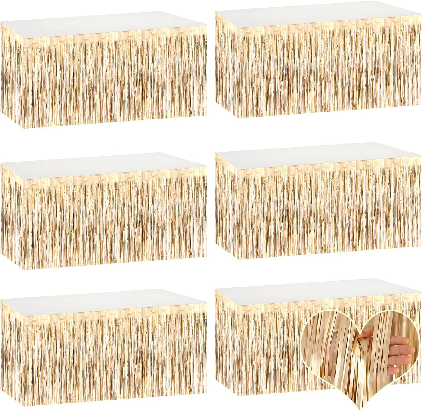 6 Pack 29x108 Inch Champagne Gold Metallic Foil Fringe Table Skirts Banner for Tinsel Streamer Garland Curtains Backdrop for Parade Floats Baby Shower Birthday Christmas Halloween Party Decoration