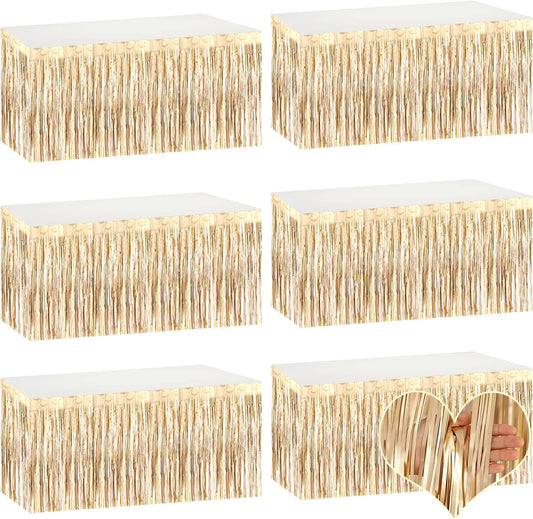 6 Pack 29x108 Inch Champagne Gold Metallic Foil Fringe Table Skirts Banner for Tinsel Streamer Garland Curtains Backdrop for Parade Floats Baby Shower Birthday Christmas Halloween Party Decoration