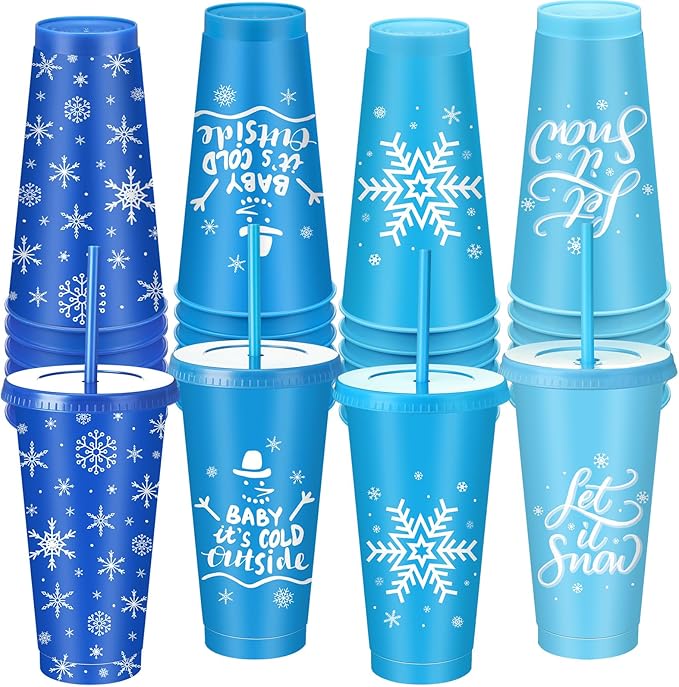 24 Pcs 25 oz Snowflake Party Favors Cups Bulk Blue White Frozens Cups with Lid and Straw Reusable Plastic Tumblers for Winter Theme Holiday Birthday Wonderland Party Supplies