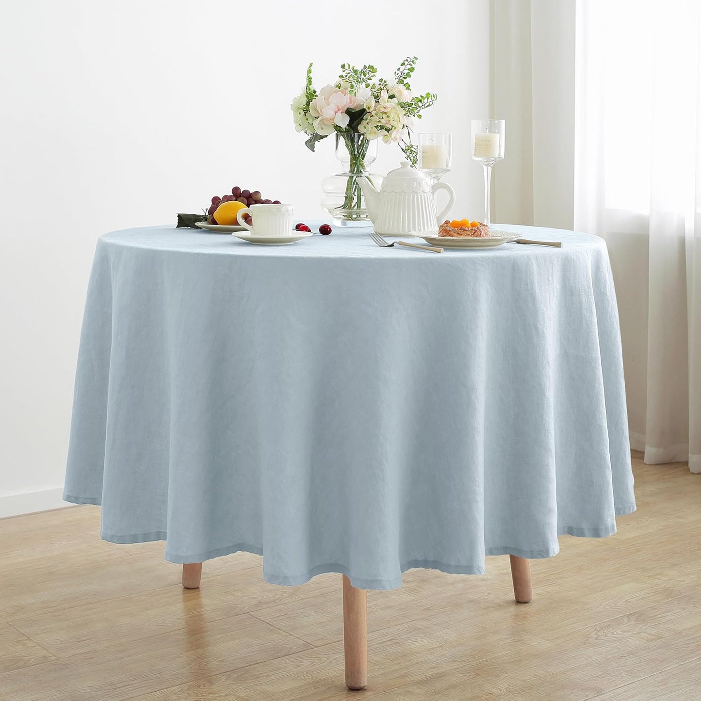 Linen World Blue Linen Tablecloth - 100% French Linen Round Tablecloth 60" Inch,Washable Natural Tablecloth for Dining,Outdoor,Weddings and Restaurants,Decorative Thanksgiving Christmas - Mist Blue