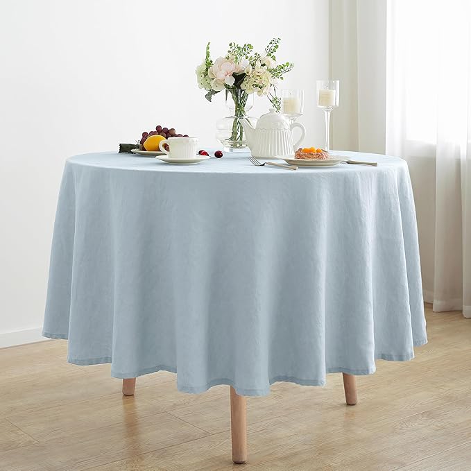Linen World Blue Linen Tablecloth - 100% French Linen Round Tablecloth 70" Inch,Washable Natural Tablecloth for Dining,Outdoor,Weddings and Restaurants,Decorative Thanksgiving Christmas - Mist Blue