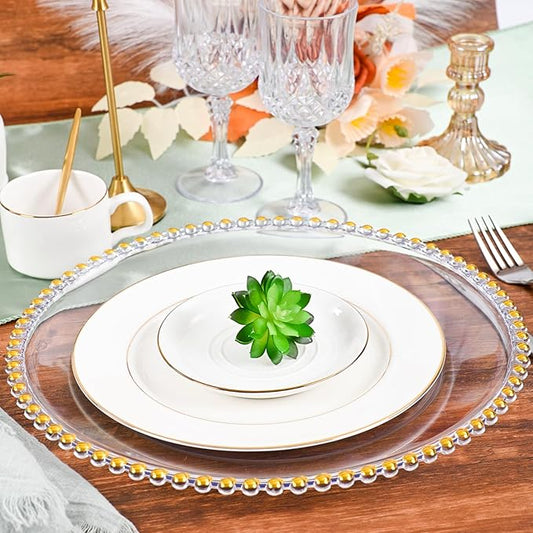 12 PCS Clear Round Charger Plates with Beaded Rim, 13 Inch Plastic Acrylic Plate, Plastic Round Beaded Dinner Decorative Service Plates for Wedding Party Event, Home Kitchen Tabletop(Gold)