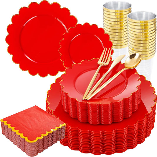 LIYH 210 Pcs Red Plastic Plates - Christmas Disposable Plates and Napkins Set, Gold Scalloped Plastic Plate Include Dinner & Dessert Plate, Silverware, Cups for Xmas Day 30 Guests