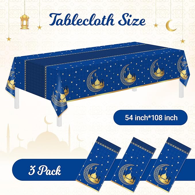 Childom 3 Pack Ramadan Table Cloth,Ramadan Decorations for Home,54" x 108" Eid Mubarak Decorations,Eid Ramadan Tablecloths Rectangular,Blue Plastic Table Cloth Disposable Table Cover for Party Favors