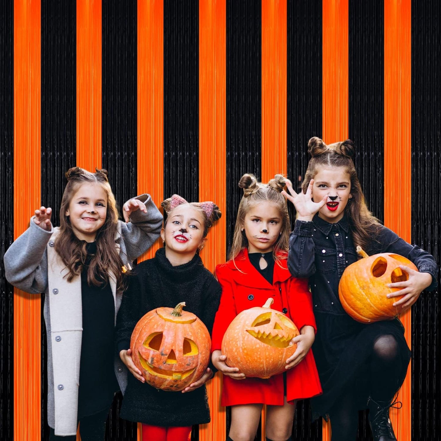 4 Pack Black Orange Foil Fringe Curtain Backdrop, 3.28Ft x 6.56Ft Metallic Tinsel Foil Fringe Streamers Curtains for Photo Booth, Wedding, Thanksgiving, Birthday, Christmas, Halloween Party Decoration