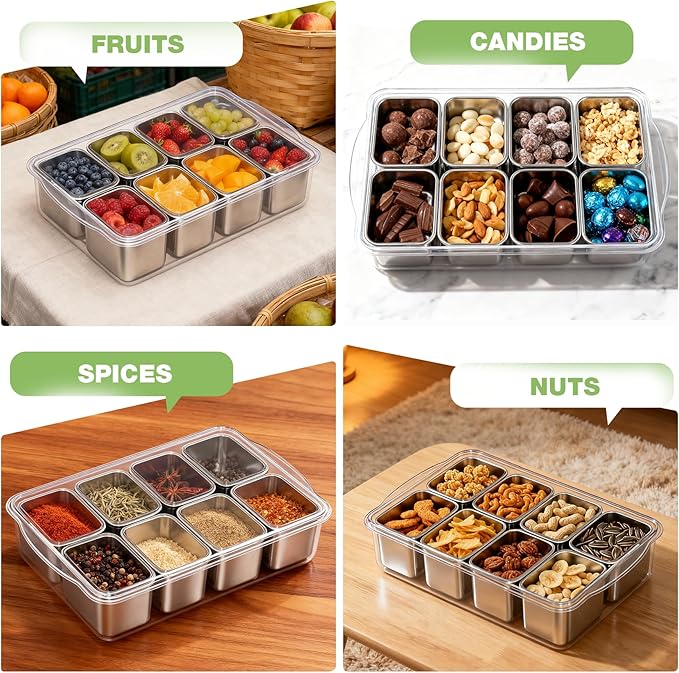 Snackle Box Container, Stainless Steel Divided Serving Tray with Handle and Lid,4 Compartment Leakproof Portable BPA-Free Snack Box For Fruits&Veggies, Keep Food Fresh & Organized, Ideal for Outdoor