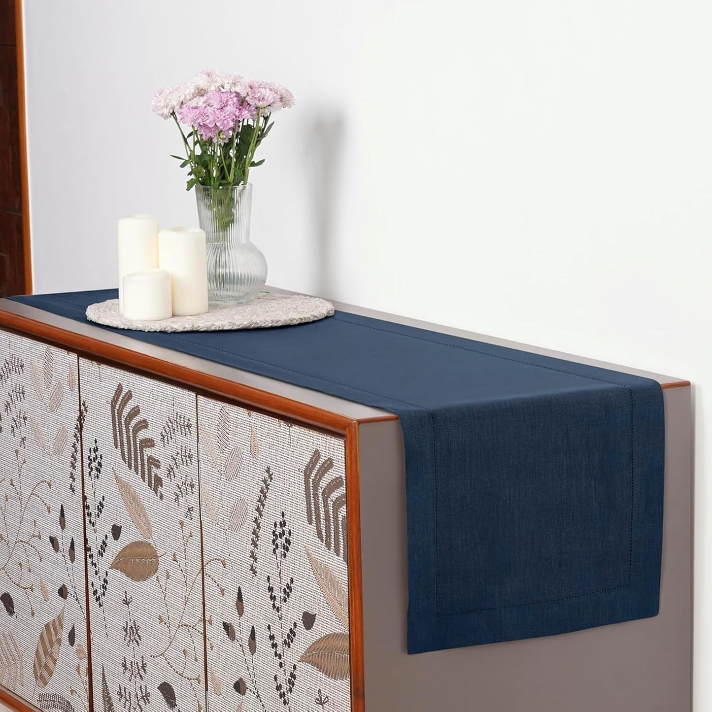 D'Moksha Homes Linen Navy Blue Table Runner 132 Inches Long - 100% Pure Linen Extra Long Table Runner 14 x 132 Inch for Fall, Autumn and Halloween - Classic Hemstitch