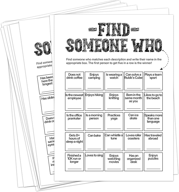 Sahjzk Office Bingo Cards, 25 Unique Randomized 5x7 Sheets, Get to Know You Bingo Game for Adults, Ice Breaker Office Party Games, Team Building Games for Work, High Replay Value - A05