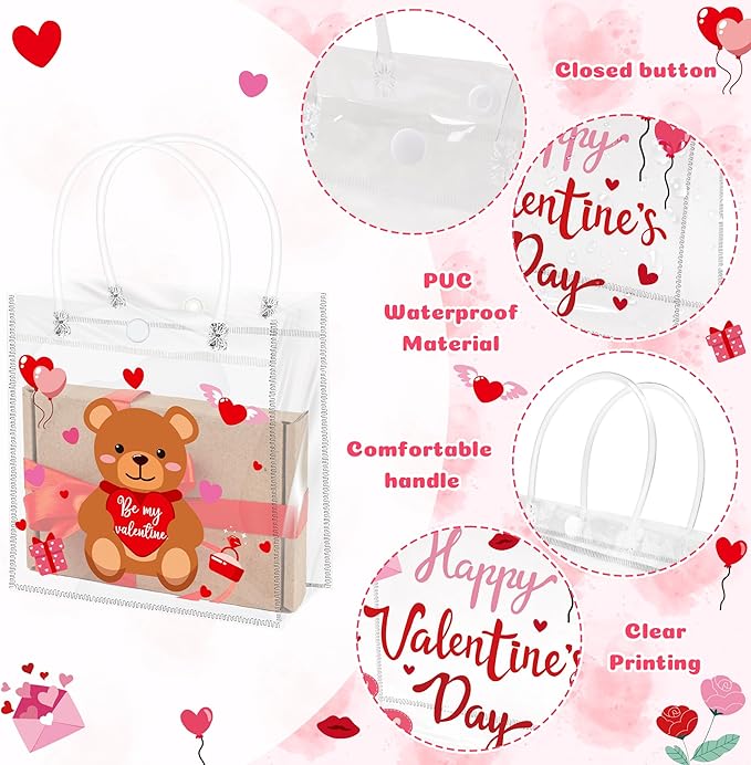 H1vojoxo Valentine's Day Gift Bags - 24PCS Happy Valentine's Day Clear PVC Gift Bags with Handle 7.9x3.2x7.9 Inches Reusable Valentines Candy Goodie Bags for Classroom Kids Gift Exchange Party Favors