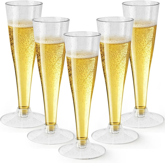 Placstic Champagne Flutes Disposable, 4.5 OZ (SilverGlitter, 100 Count (Pack of 1))