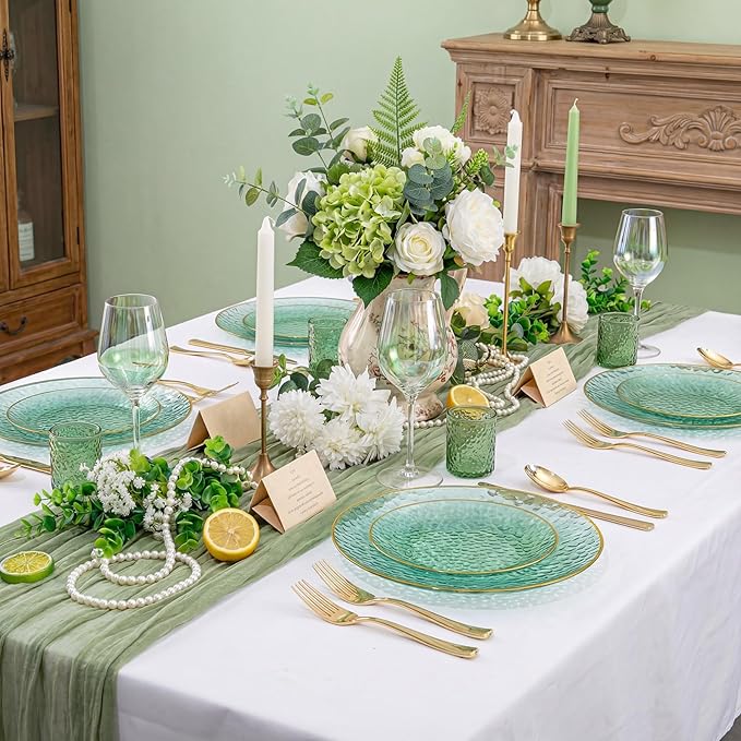 Rubtlamp 60 Green Plastic Plates, Hammered Clear and Gold Disposable Plates Include 30 Dessert Platos, 30 Dinner Platos for St. Patrick's Day