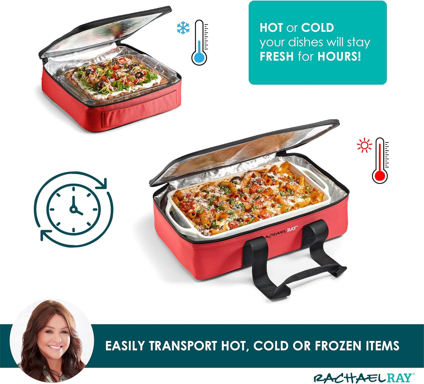 Rachael Ray Lugger Duo, Insulated Casserole Carrier for Hot or Cold Food, Thermal Lasanga Lugger Tote for Potluck, Parties, Picnic, and Cookouts, Fits 9" x 13" Baking Dish, Red Buffalo
