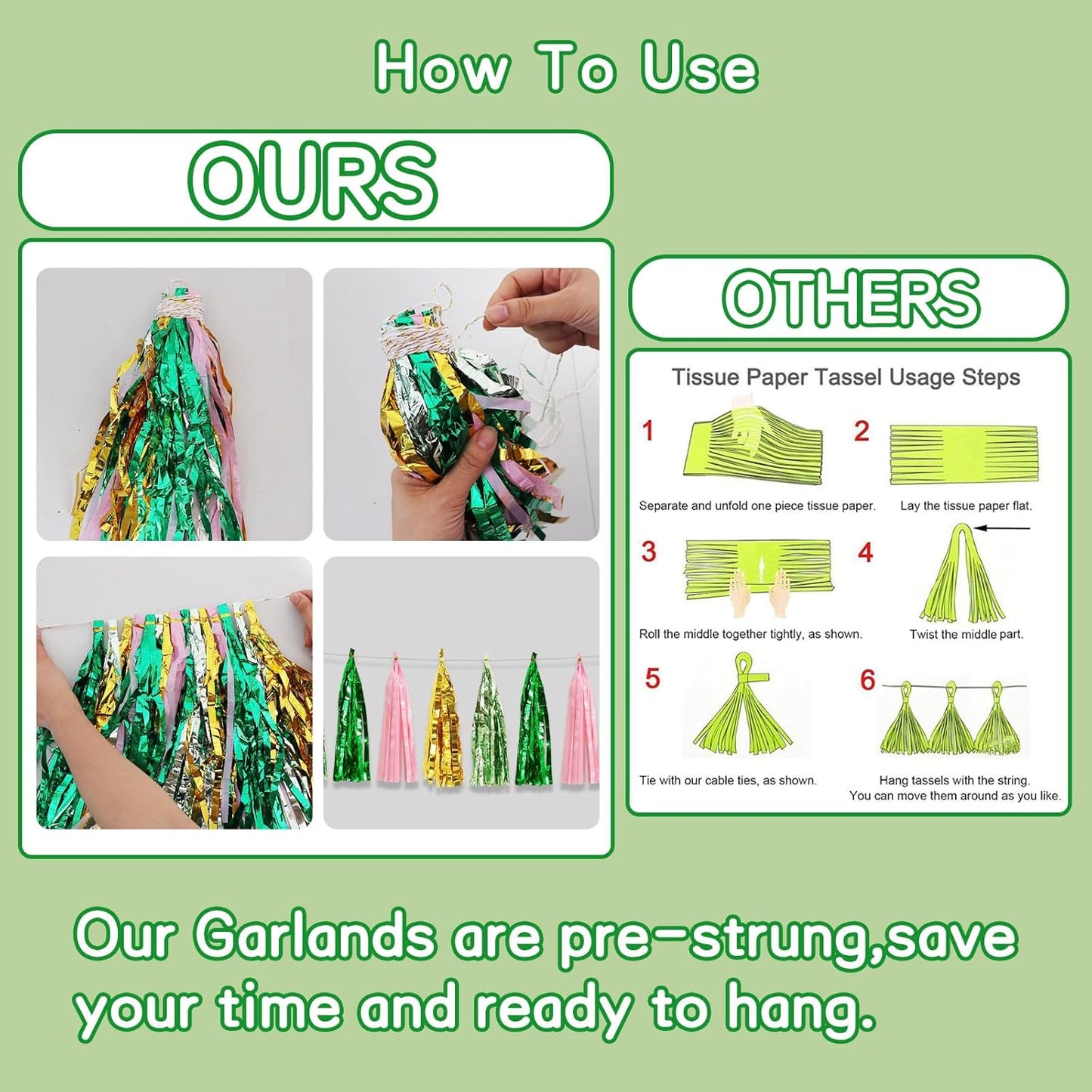 BEISHIDA 3 Packs Green Gold Pink Metallic Foil Fringe Tassel Garland, Tassels Banner Streamers for Car Floats Bridal/Baby Shower Birthday Wedding Halloween Christmas Holiday Party Decoration