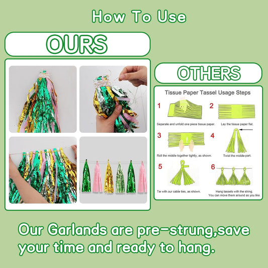 BEISHIDA 3 Packs Green Gold Pink Metallic Foil Fringe Tassel Garland, Tassels Banner Streamers for Car Floats Bridal/Baby Shower Birthday Wedding Halloween Christmas Holiday Party Decoration