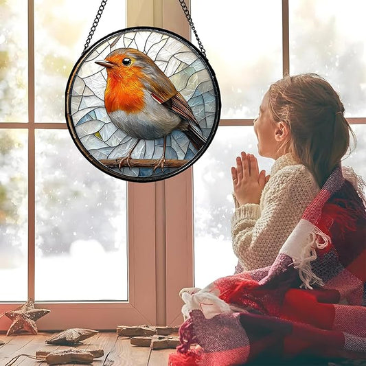 Stained Glass Window Hanging - Orange Grey Robin Sun Catcher for Door Garden Home Decor Bird Lovers Suncatcher Christmas Mother's Day Birthday Gifts for Women Men Mom Nana 15 in