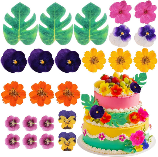 60 PCS Real Edible Flower Tropical Cupcakes Cake Decoration, Hibiscus Flowers Turtle Back Leaves Cartoon Birthday Cake Toppers -Hawaiian Series Theme Wedding, Party, Cocktails