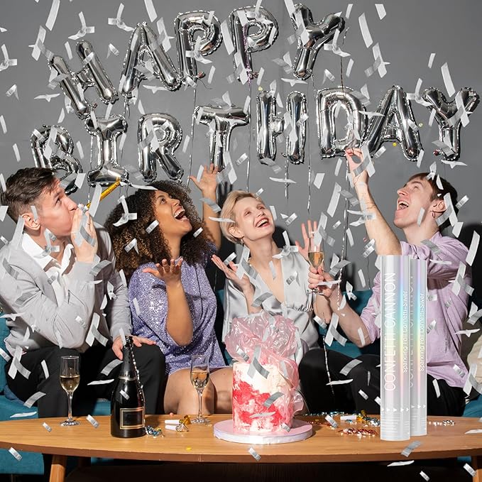 Confetti Cannon 6 Pack Silver Confetti Poppers 12 Inch Streamer Cannon Foil Party Poppers Confetti Shooters Silver Mylar Popper Cannon Bulk for Wedding,Birthday,Graduations New Year Celebration