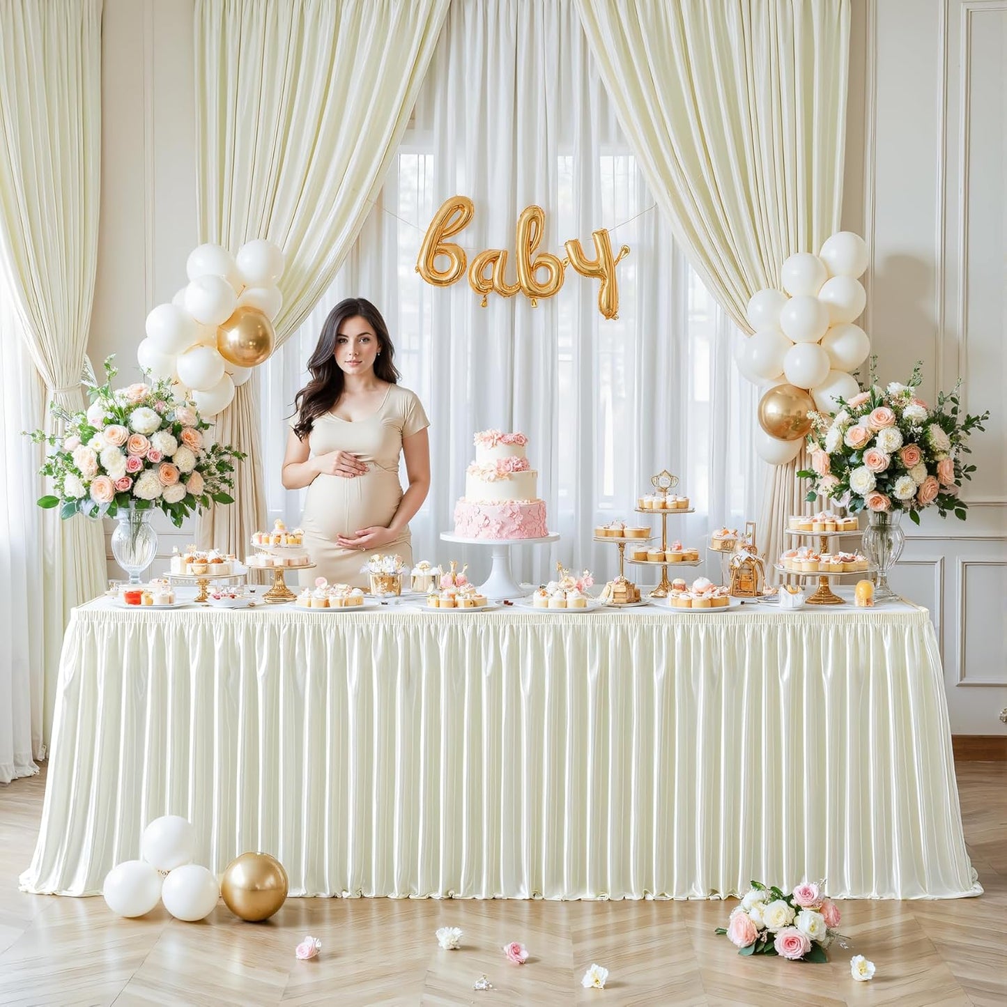 Wish Care 6ft Ivory Satin Table Skirt for Rectangle Tables Wrinkle Free Glitter Desk Skirts Pleated Ruffle Table Cloth for Wedding Birthday Baby Shower Party Banquet Cake Teacher Table Decorations