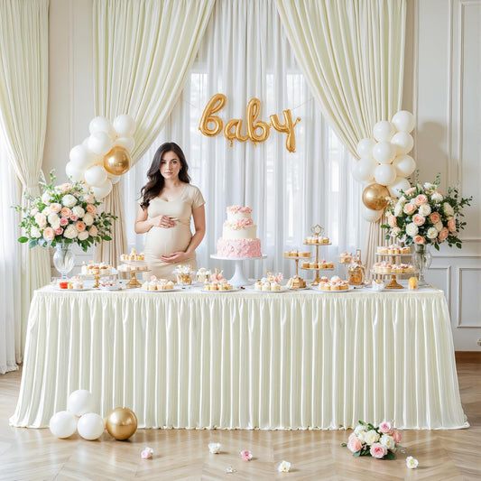 Wish Care 6ft Ivory Satin Table Skirt for Rectangle Tables Wrinkle Free Glitter Desk Skirts Pleated Ruffle Table Cloth for Wedding Birthday Baby Shower Party Banquet Cake Teacher Table Decorations