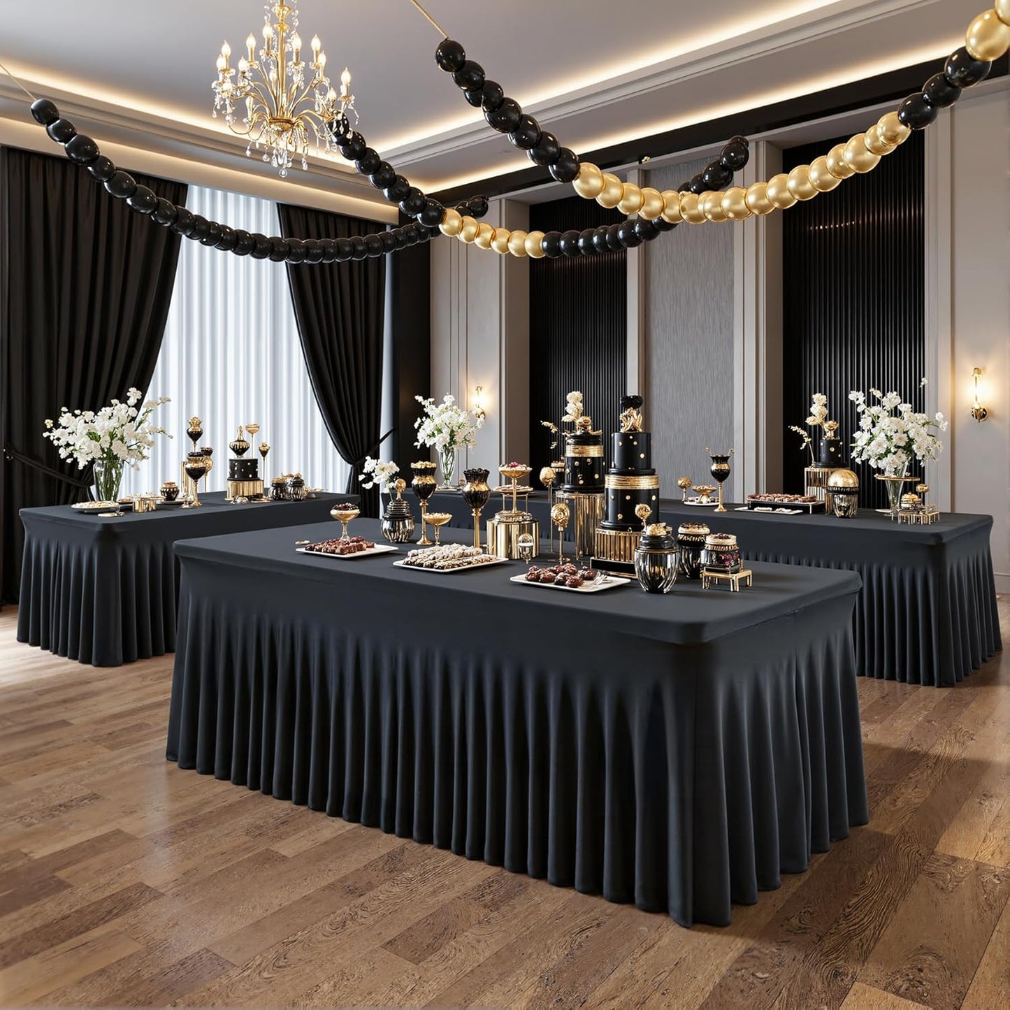 2 Pack 6ft Black Spandex Tablecloths for Rectangle Tables Wrinkle Free Black Rectangle Table Cloths Stretch Fitted Table Cover with Skirt for Wedding Birthday Party Banquet Baby Shower Buffet Event