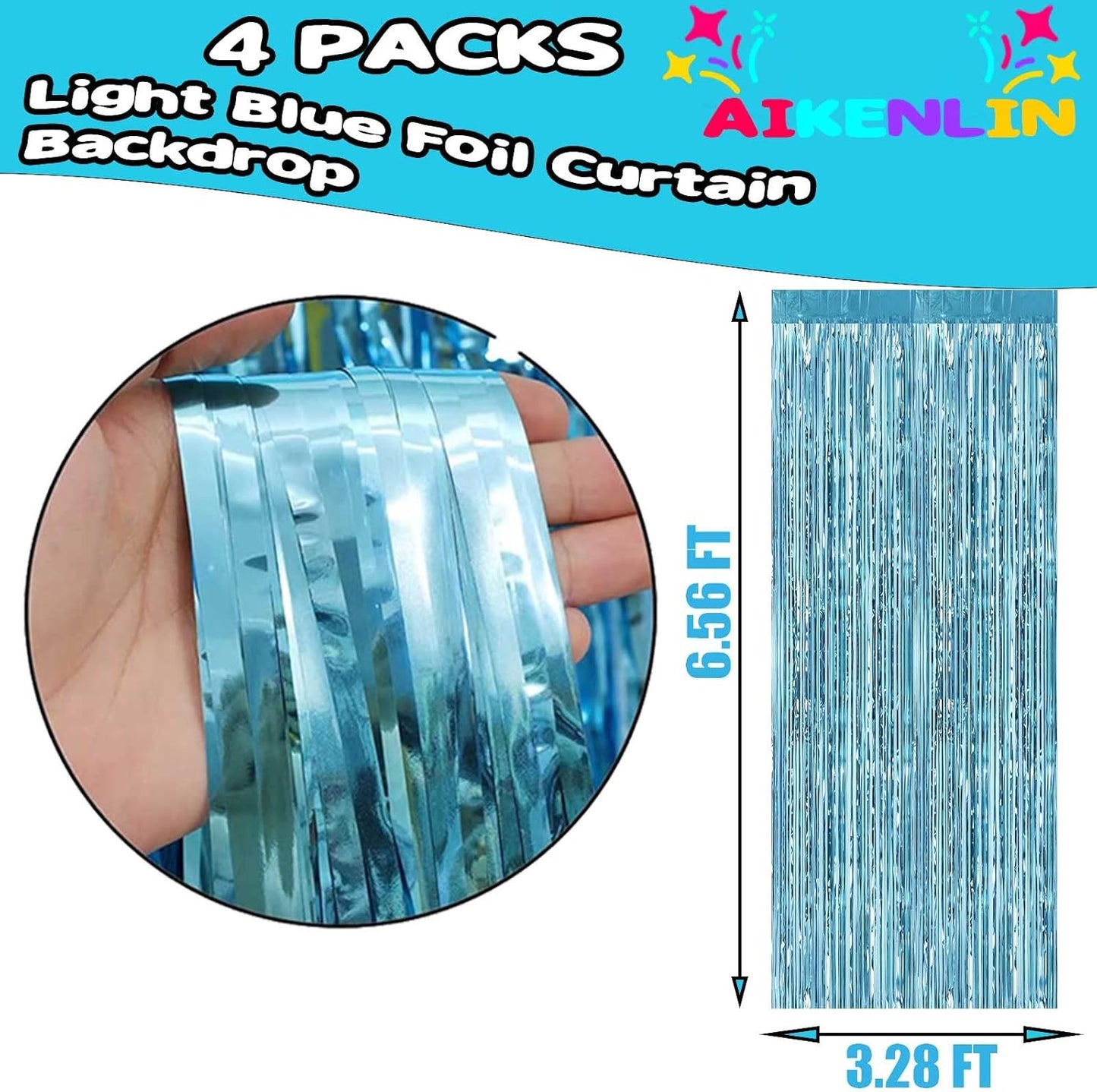 4 Pack 3.3Ft x 6.6Ft Light Blue Foil Fringe Curtain Backdrop, Metallic Tinsel Foil Fringe Streamers Curtains Background for Photo Booth, Birthday, Wedding, Halloween, Christmas Party Decoration